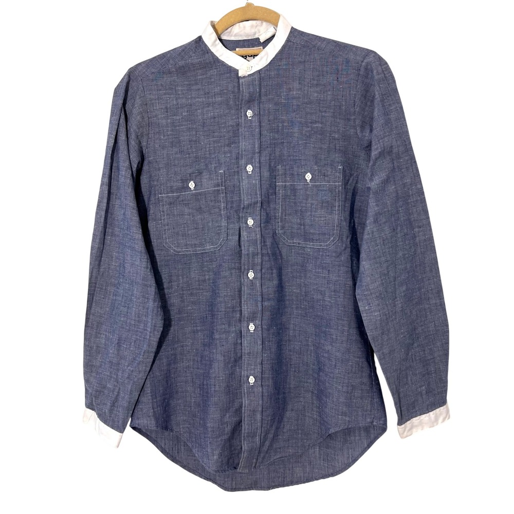 Vintage Gap Shirt Mens S Blue Chambray Bishop Neck Long Sleeve Minimalist